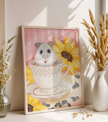 Adorable hamster in teacup with sunflowers and seeds