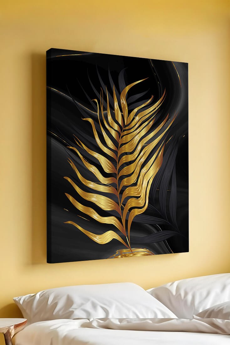 Golden Palm Leaf on Black Background