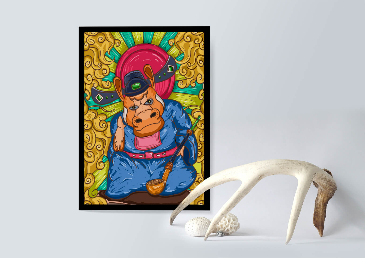 Traducción al español: Ilustración colorida de un personaje animal caprichoso con decoraciones ornamentadas a su alrededor.