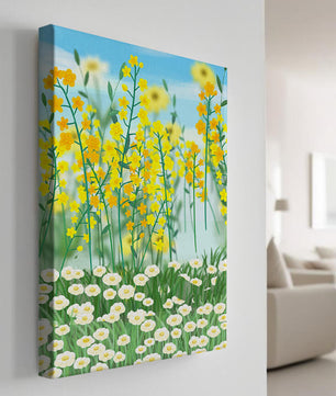 Frühlingwiese mit blühenden gelben und weißen Blumen