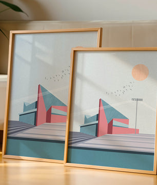 Ilustración arquitectónica moderna con diseño geométrico y atardecer