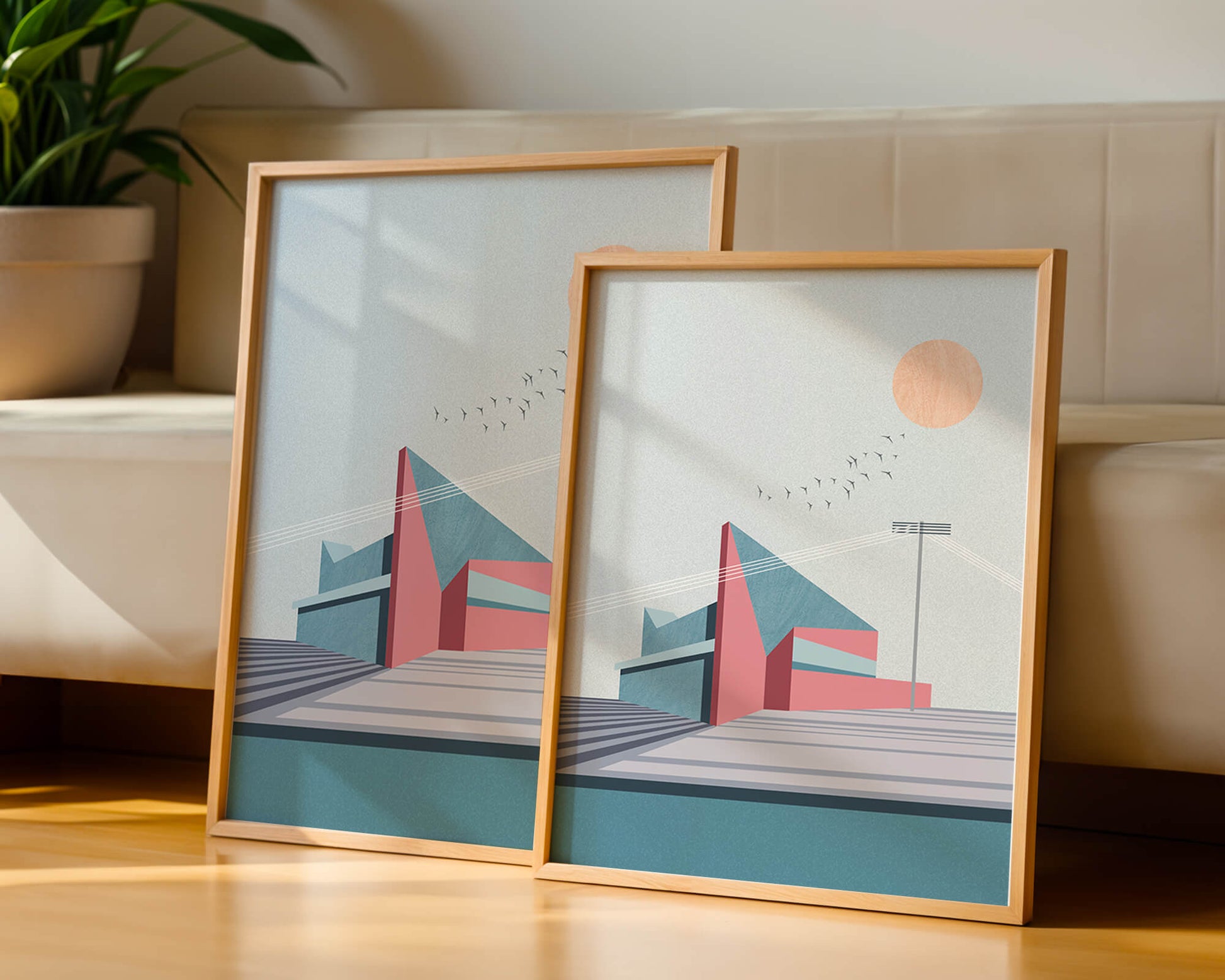 Ilustración arquitectónica moderna con diseño geométrico y atardecer