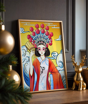 Eine elegante Darstellung asiatischer Kunst mit traditioneller Kleidung und kunstvollem Kopfschmuck