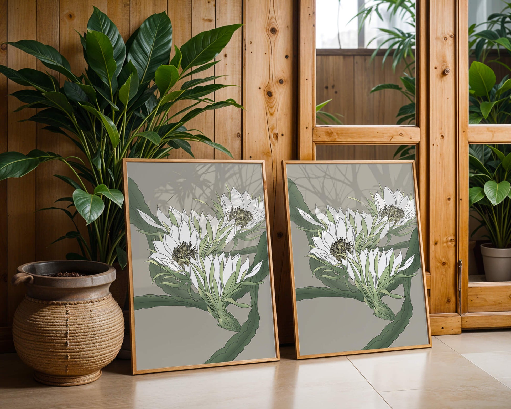 Beautiful botanical illustration of white blooming flowers with green leaves
