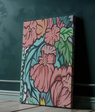 Elegant floral pattern illustration with pink blossoms and green leaves