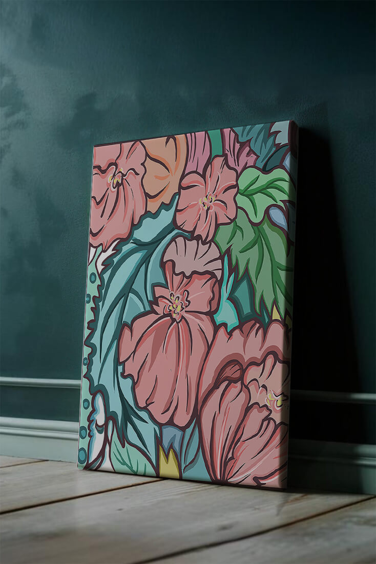 Elegant floral pattern illustration with pink blossoms and green leaves