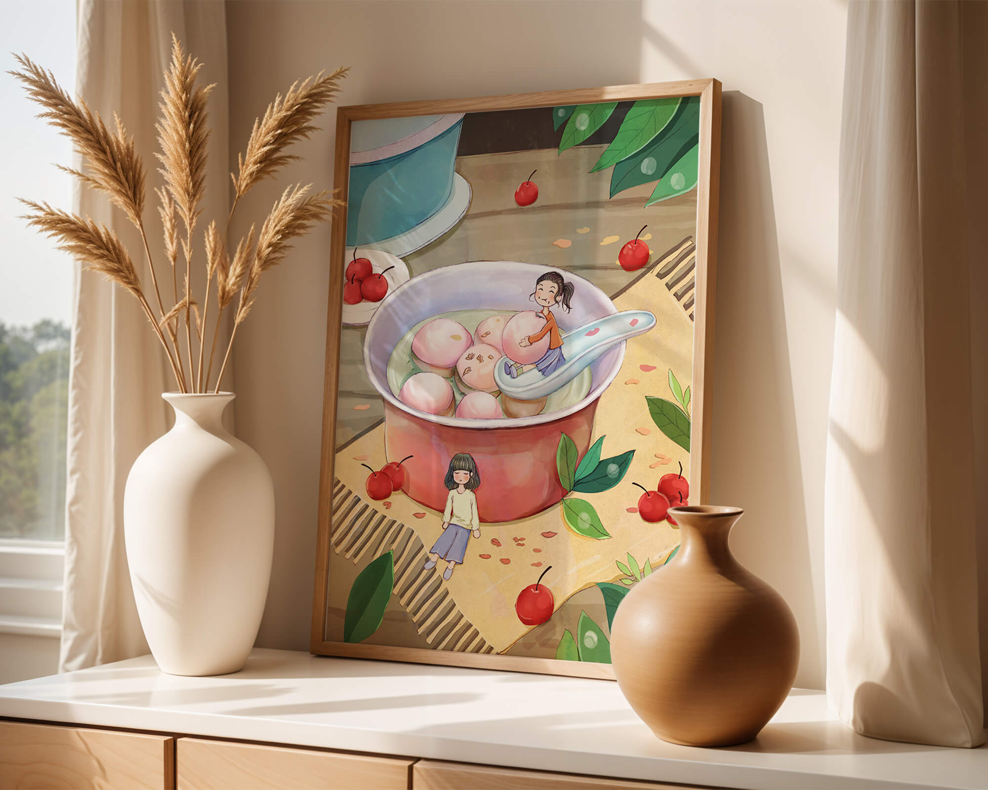 Charming illustration of children with dessert in a whimsical setting