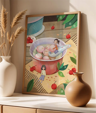 Charming illustration of children with dessert in a whimsical setting