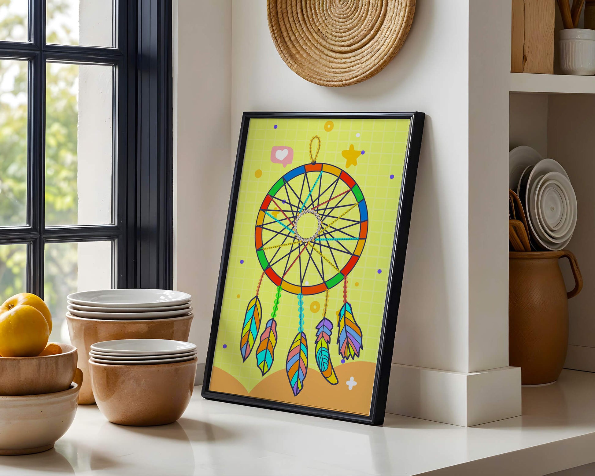 Colorful dreamcatcher on a vibrant yellow background