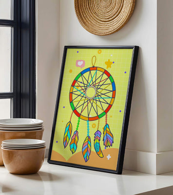 Colorful dreamcatcher on a vibrant yellow background