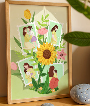 Ilustración de momentos familiares con fondo floral vibrante