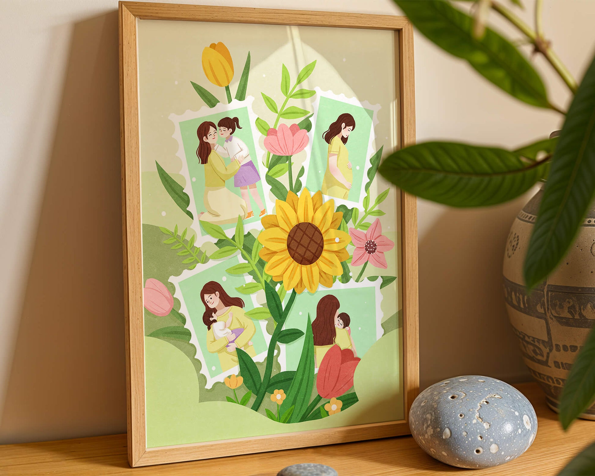 Ilustración de momentos familiares con fondo floral vibrante
