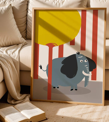 Illustration of a playful elephant with a yellow balloon in abstract setting