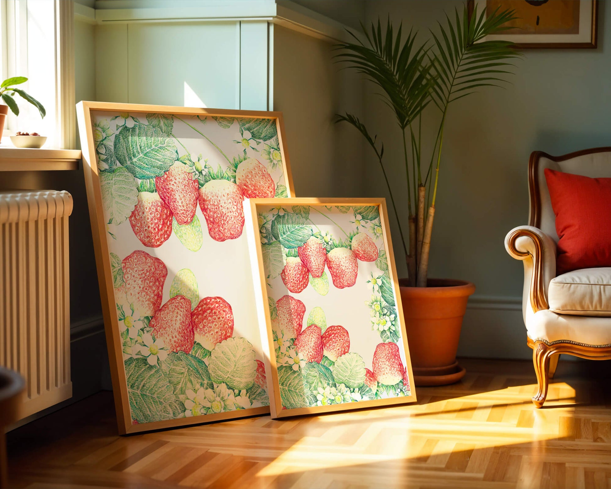 Illustration of strawberries and flowers with lush green leaves