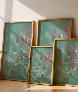 Diseño abstracto sereno con hojas pastel y fondo borroso
