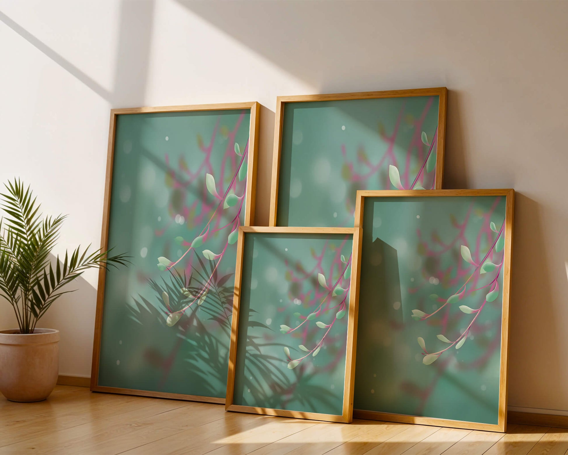 Diseño abstracto sereno con hojas pastel y fondo borroso