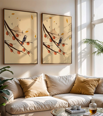 Bird Perched on Branch with Red Fruits and Flying Leaves