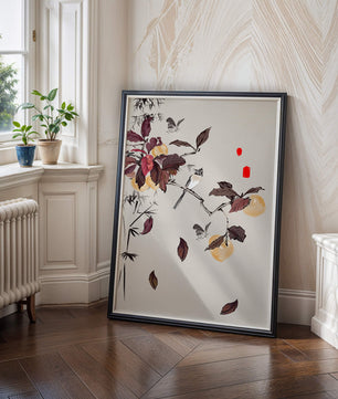 Elegant nature illustration featuring butterflies and birds on a branch