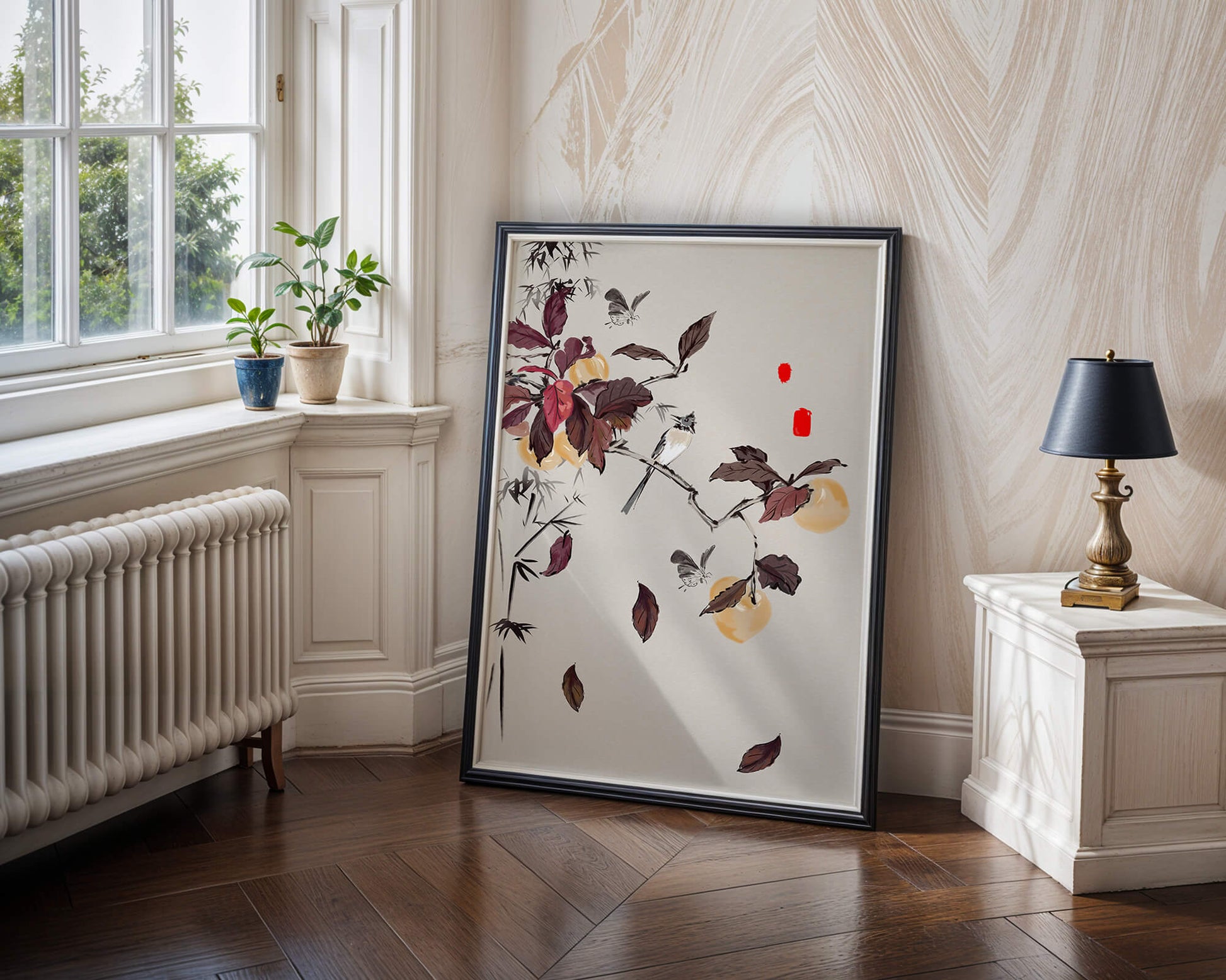 Elegant nature illustration featuring butterflies and birds on a branch