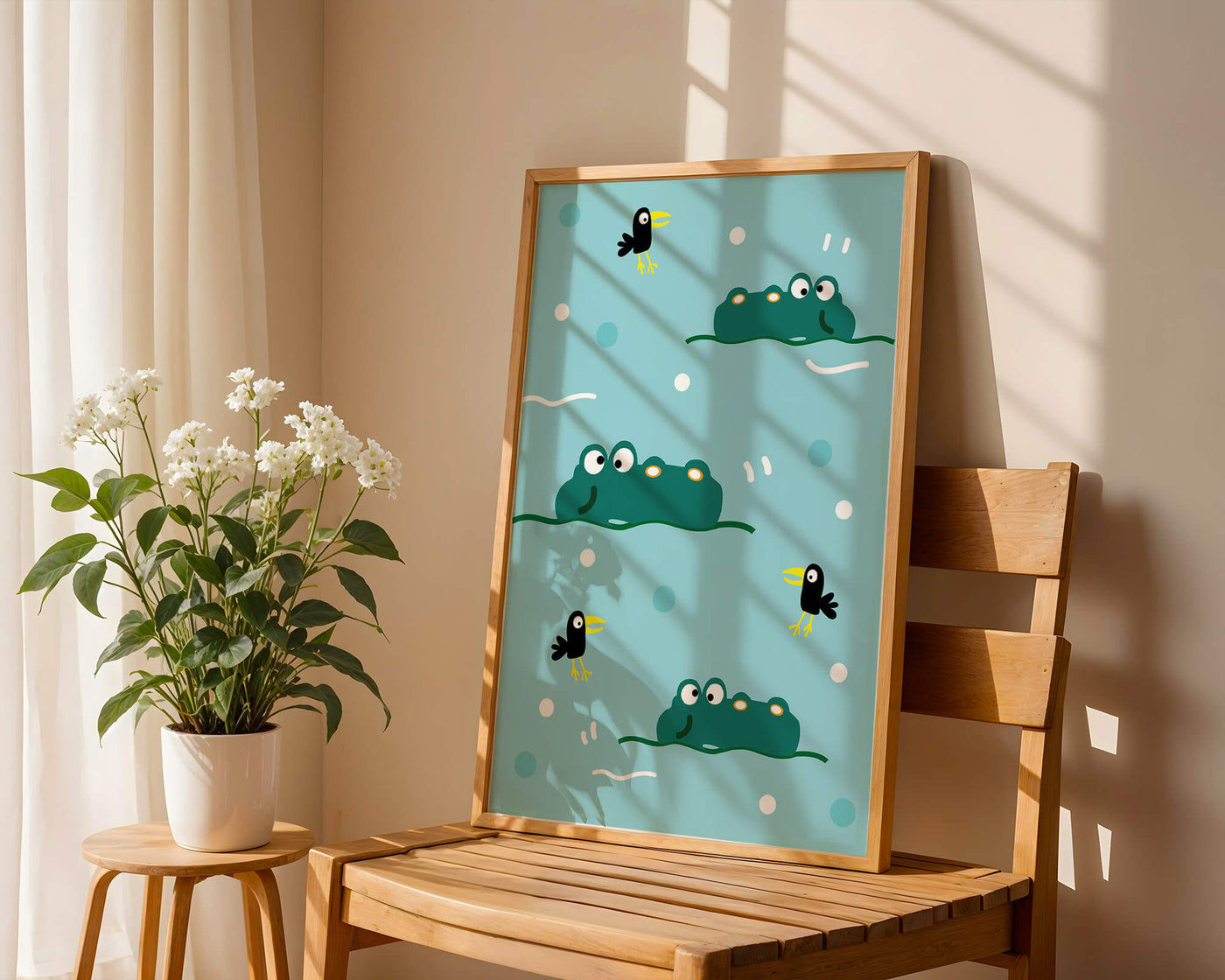Playful cartoon crocodiles and birds on blue patterned background