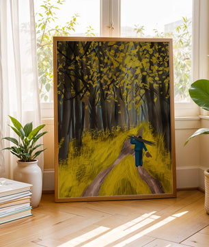 Man Walking Through a Sunny Forest with Golden Leaves