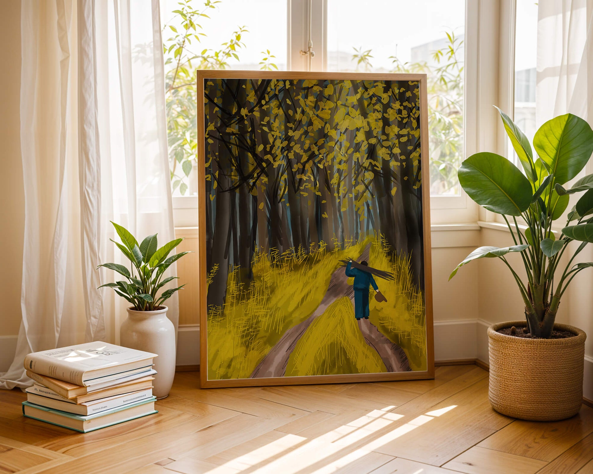 Man Walking Through a Sunny Forest with Golden Leaves