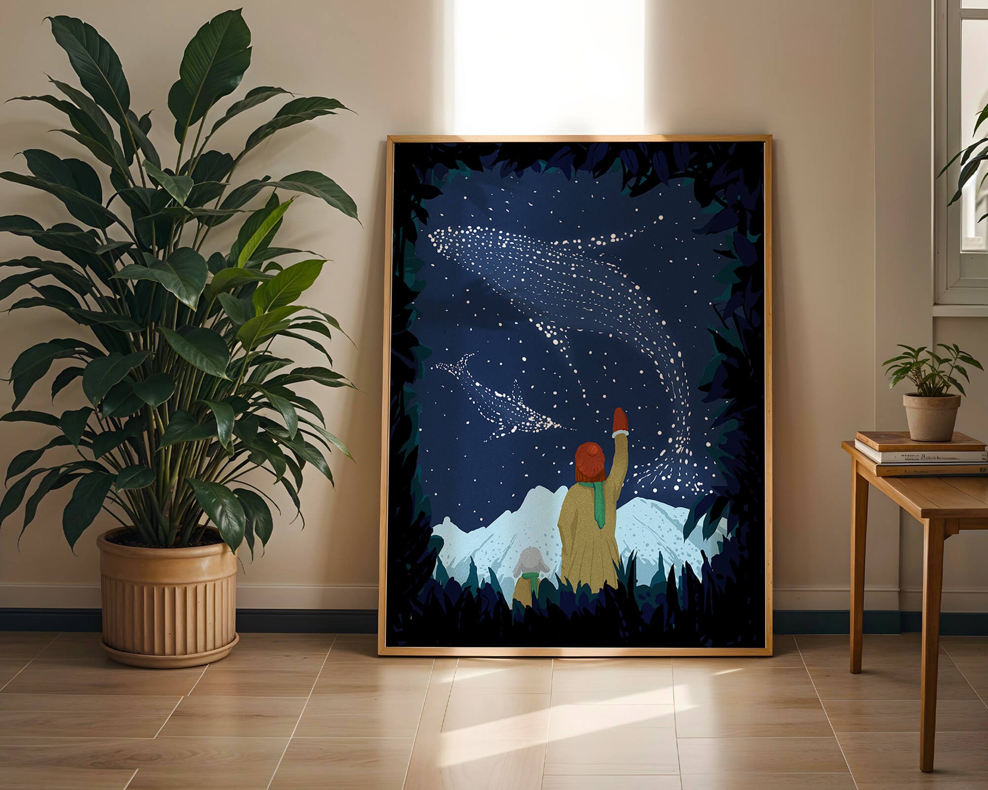 Starry night with whale constellations and mountain scenery