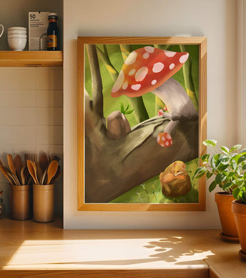 Charming forest scene with a fox resting under mushrooms