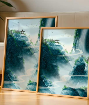 Serene mountain landscape with a pavilion and waterfall