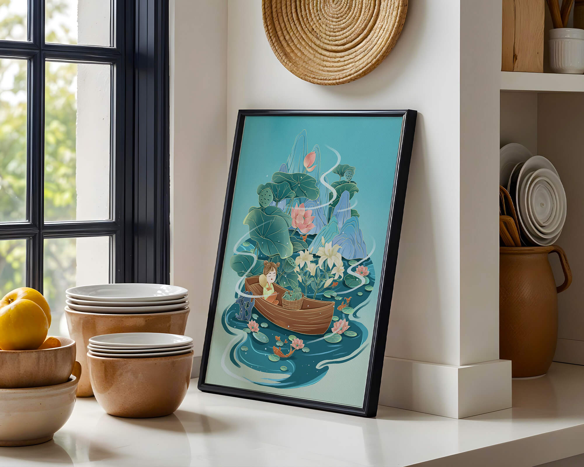 Serene landscape with lotus and boat in a tranquil water scene