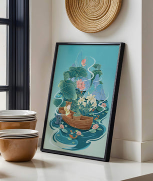 Heitere Landschaft mit Lotus und Boot in einer ruhigen Wasserszene