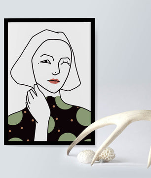 Modern Minimalist Portrait of a Winking Woman in Green Polka Dot Dress - Mi tienda
