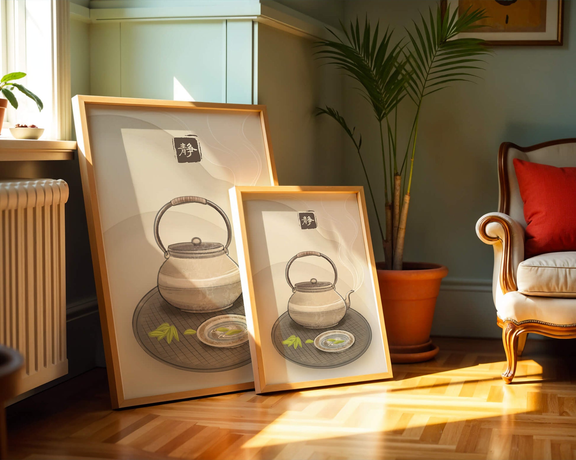 Tetera japonesa tradicional con té humeante y ambiente sereno