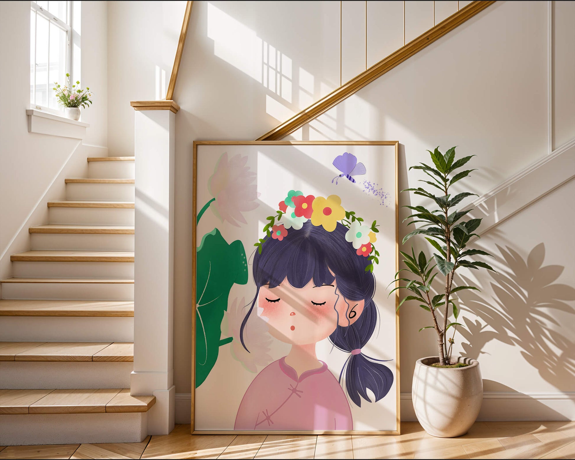 Whimsical illustration of a girl with a flower crown and butterfly