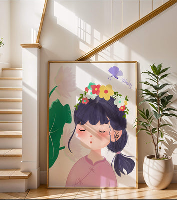Whimsical illustration of a girl with a flower crown and butterfly