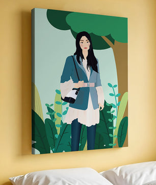 Illustrative portrait of a woman in a stylish outfit with nature backdrop