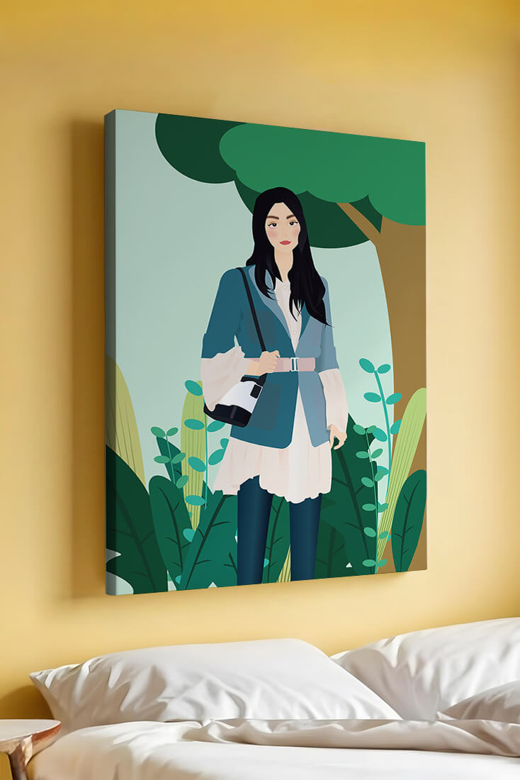 Illustrative portrait of a woman in a stylish outfit with nature backdrop
