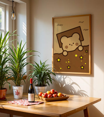 Adorable bear peeking out from a blanket with stars illustration