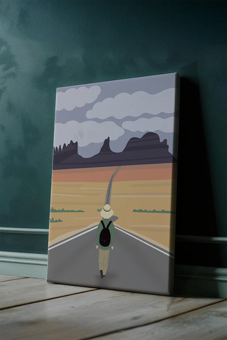 Traveler Walking on Endless Road Toward Mountains