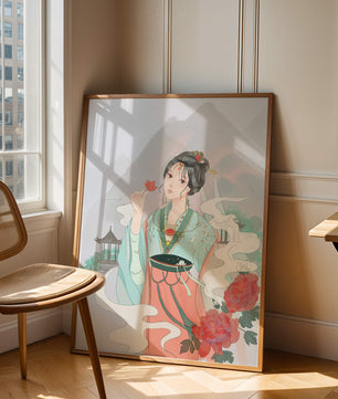 Elegant Asian woman with flowers and mountain background