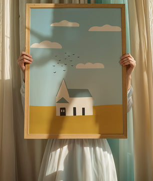 Paisaje minimalista con una casa blanca y cielo