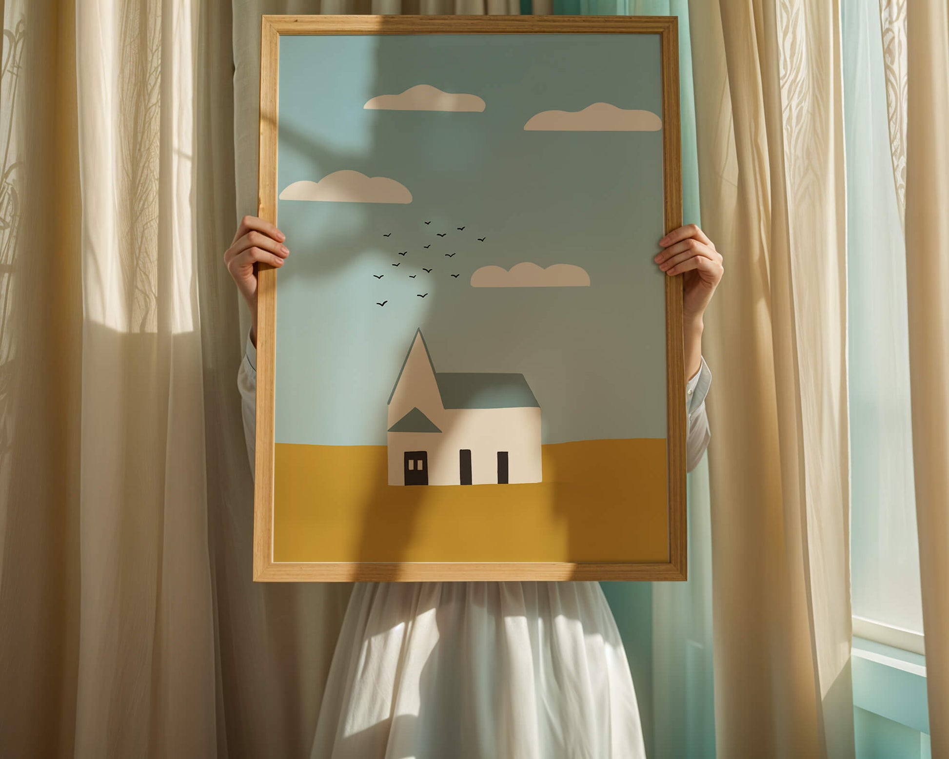 Minimalist Landscape with a White House and Sky