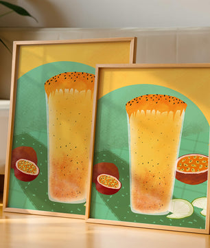 Illustrated tropical passion fruit drink with fresh slices