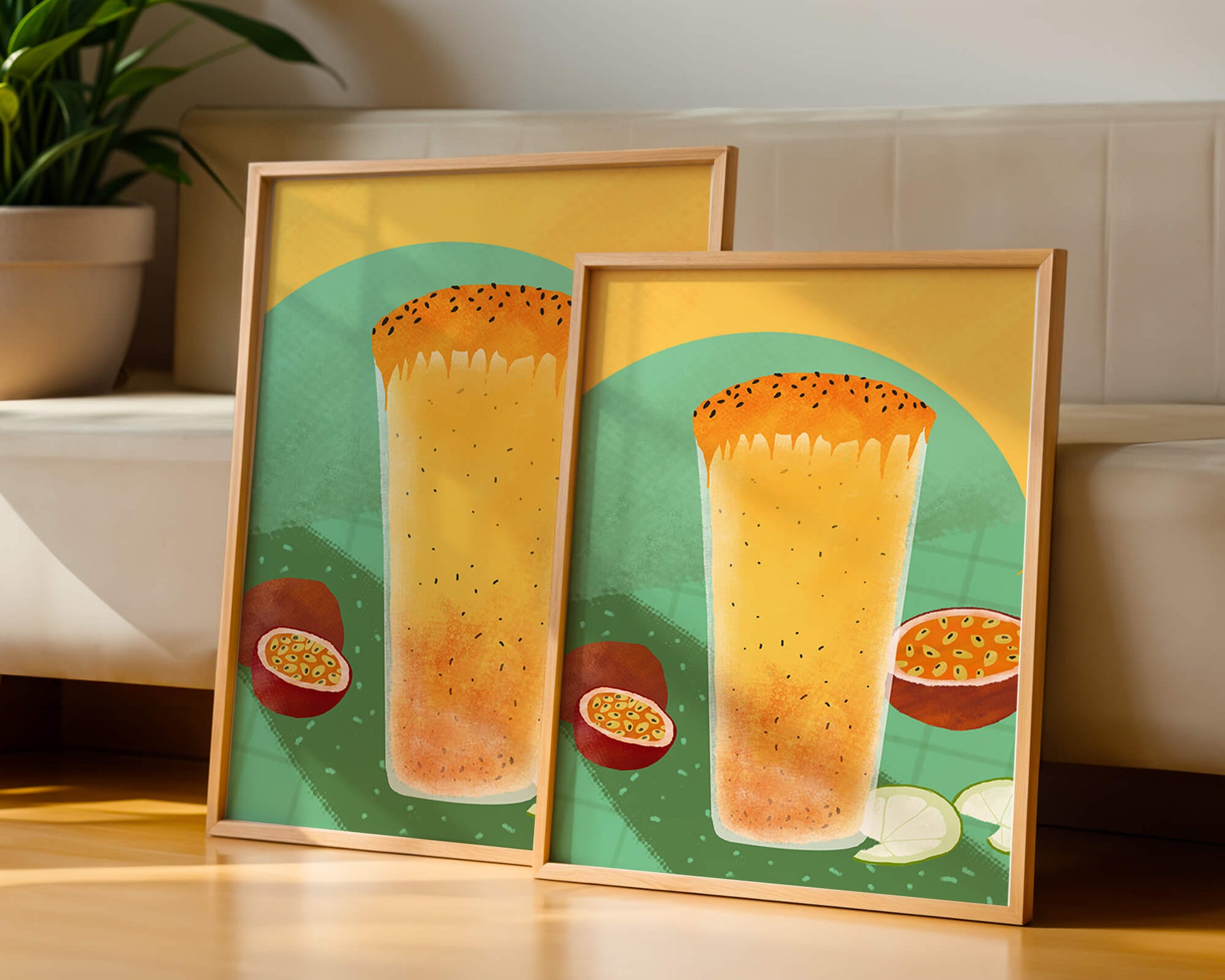 Illustrated tropical passion fruit drink with fresh slices