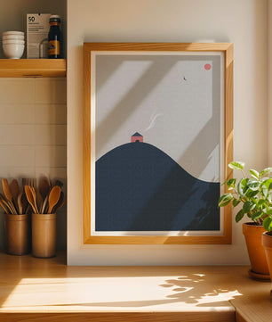 Minimalistische Landschaft mit Haus auf einem Hügel und Sonnenuntergang