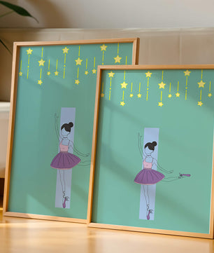 Elegant ballerina illustration with stars on a teal background
