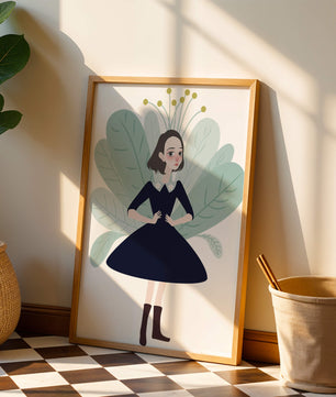 Ilustración de una chica caprichosa con hojas y elementos florales