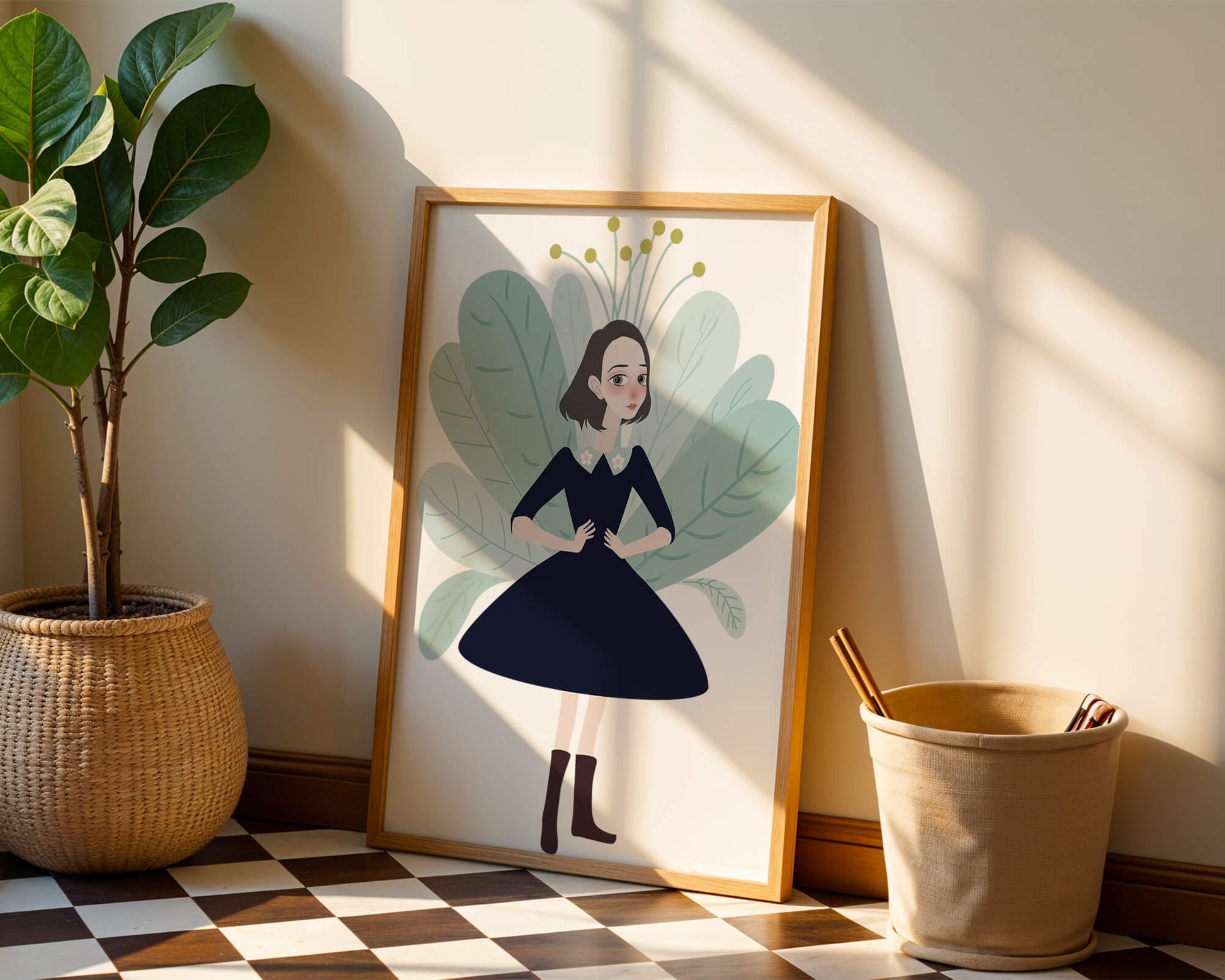 Illustration of a whimsical girl with leaves and floral elements