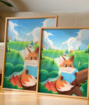 Fox Reading a Book in Scenic Green Landscape with Watermelon Slices
