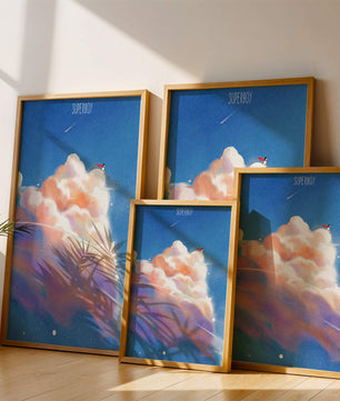 Whimsical illustration of superboy with dreamy cloudscape